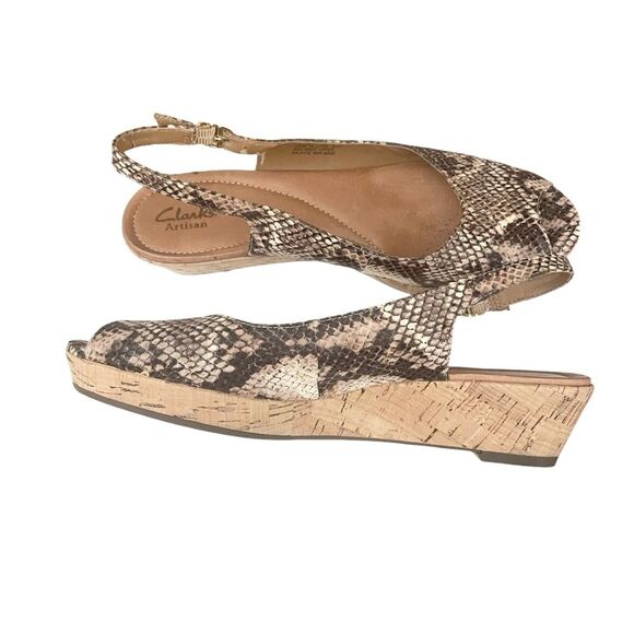 Clarks Artisan Peeptoe Slingback Cork Wedge Snakeskin Sandal Women's Size 9 - Picture 8 of 11